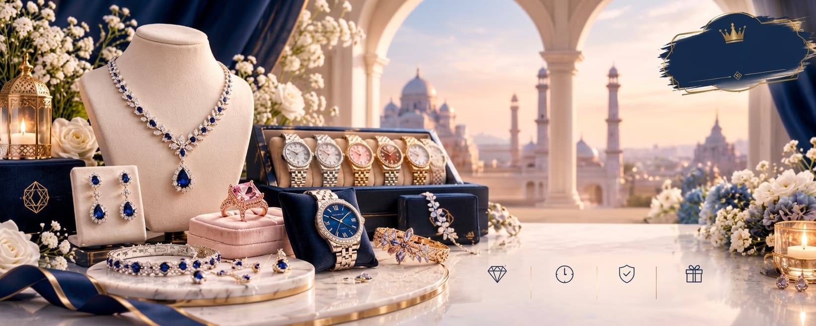 Iqra Atelier banner — a sapphire and diamond necklace on an ivory bust, drop earrings, a tray of watches and gold bracelets arranged on white marble, with a domed Mughal skyline through an archway behind