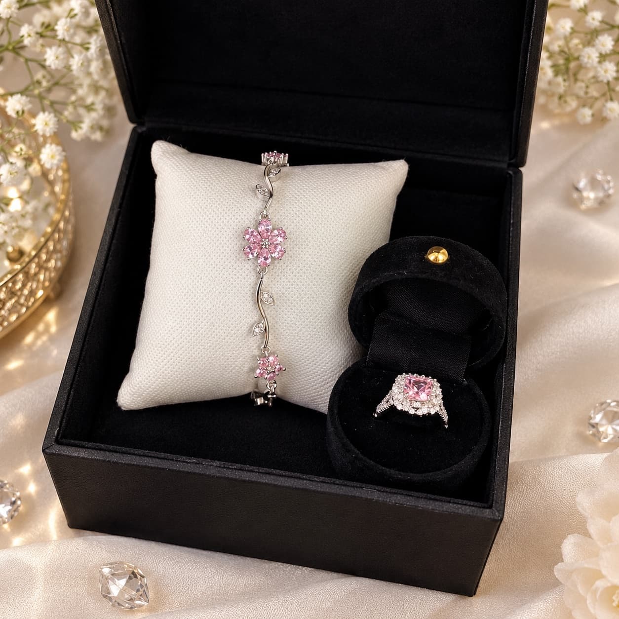 Pink Floral Bracelet & Ring Set, photo 1