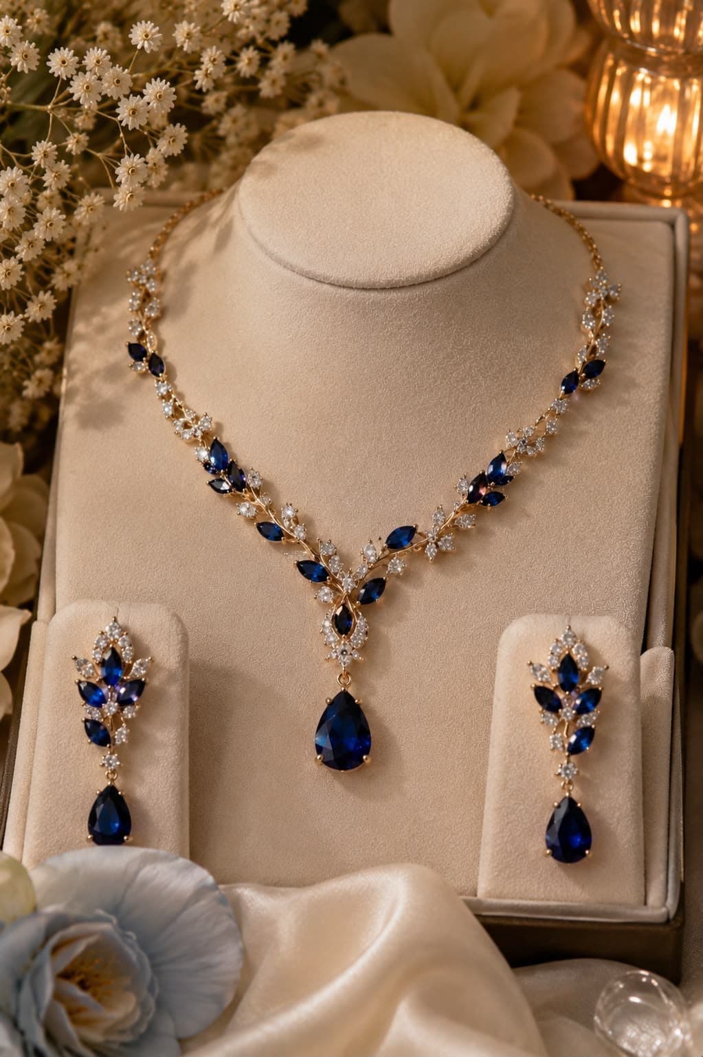 A gold bridal necklace and matching chandelier earrings in deep blue and clear stones, in a presentation box